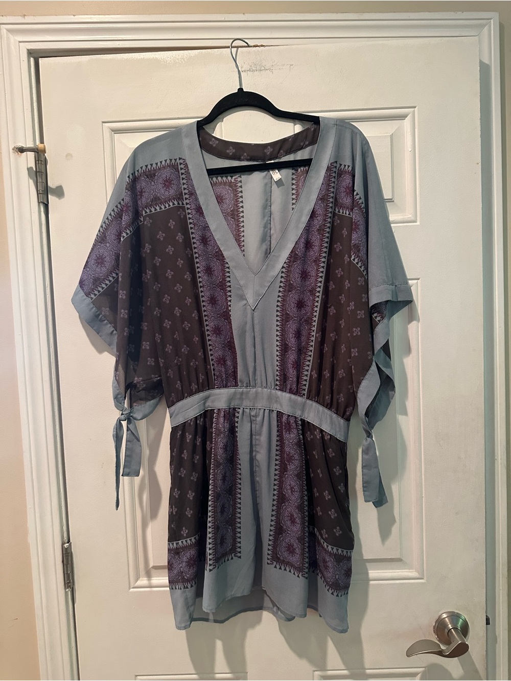 Free People Dusty Blue and Plum Patchwork V-Neck Mini Dress